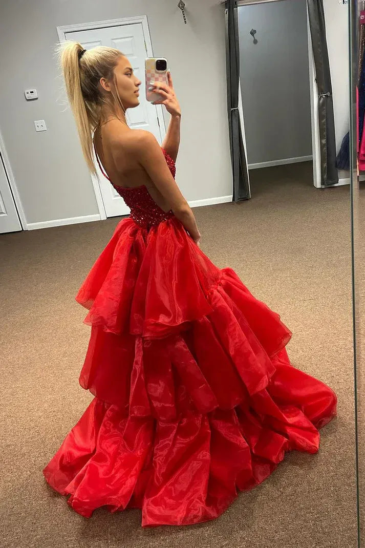 Sleeveless One Shoulder Sequins Mermaid Multi Layer Train Prom Dresses With Slit
